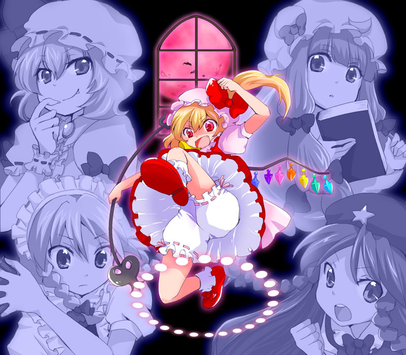 book, flandre_scarlet, hat, hong_meiling, izayoi_sakuya, maki_(maki88), patchouli_knowledge, red_eyes, remilia_scarlet, ribbon, touhou, wings