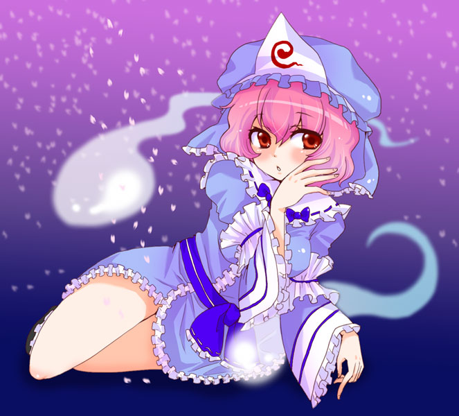 hat, maki_(maki88), pink_hair, red_eyes, saigyouji_yuyuko, short_hair, solo, touhou