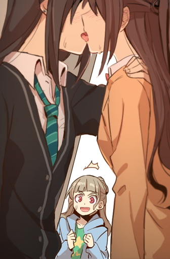 akni, blush, idolmaster, idolmaster_cinderella_girls, kamiya_nao, kiss, long_hair, shibuya_rin