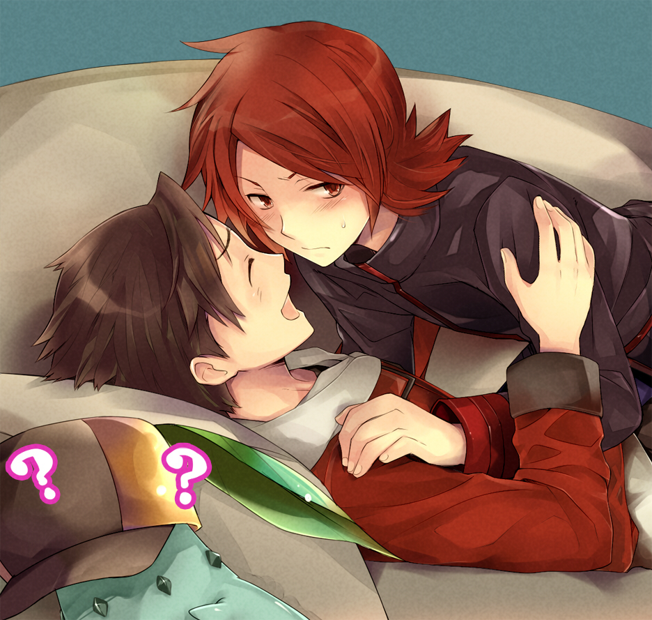 2boys, ?, blush, chikorita, closed_eyes, fujita_yamari, gold_(pokemon), hat