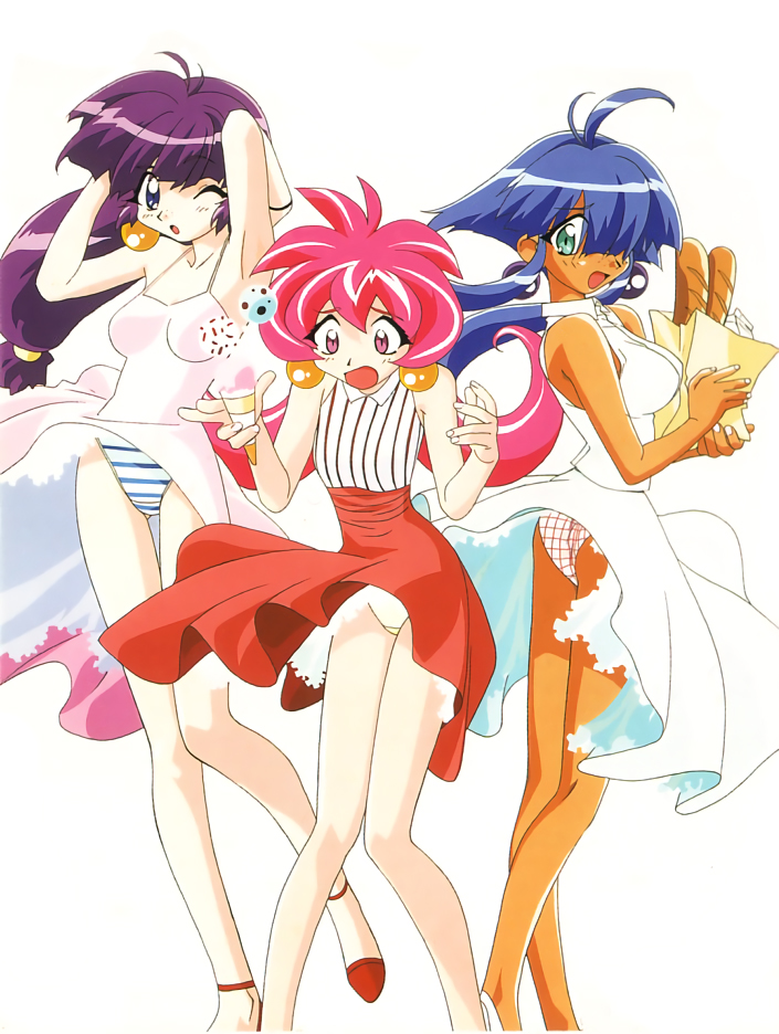 3girls, 90s, :o, aqua_eyes, arms_up, ass, bag, baguette, bare_legs, blue_hair, bread, cacao_(lamune), dark_skin, dress, earrings, food, grocery_bag, ice_cream_cone, jewelry, layered_skirt, long_hair, multiple_girls, official_art, one_eye_covered, open_mouth, panties, parfait_(lamune), pink_eyes, pink_hair, purple_hair, shopping_bag, simple_background, spaghetti_strap, striped, striped_panties, sundress, underwear, vertical_stripes, vs_knight_lamune_&amp;_40_fresh, white_background, wind_lift