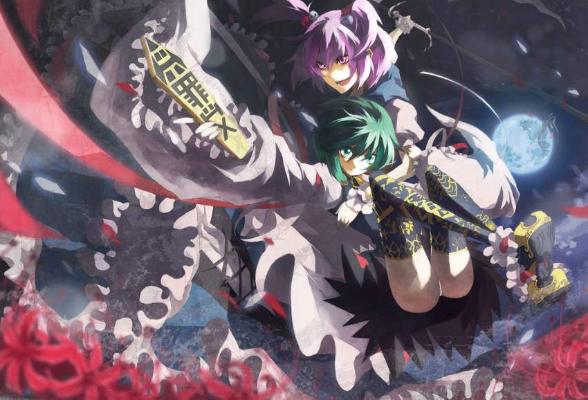 2girls, 9ji, flower, full_moon, green_eyes, green_hair, moon, multiple_girls