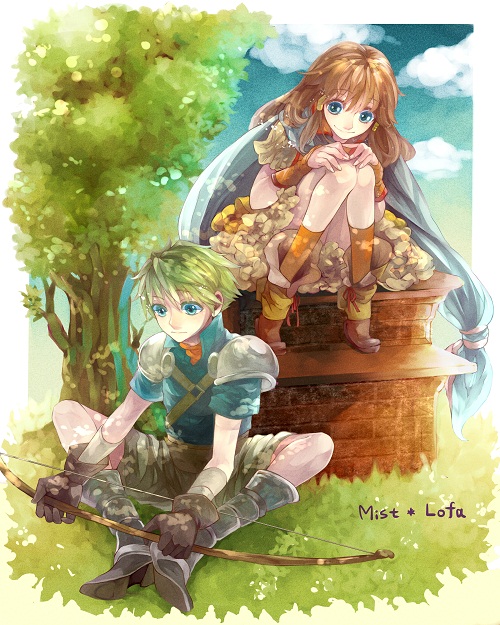 1boy, 1girl, 4480yosiharu, armor, arrow, blue_eyes, boots, brown_hair