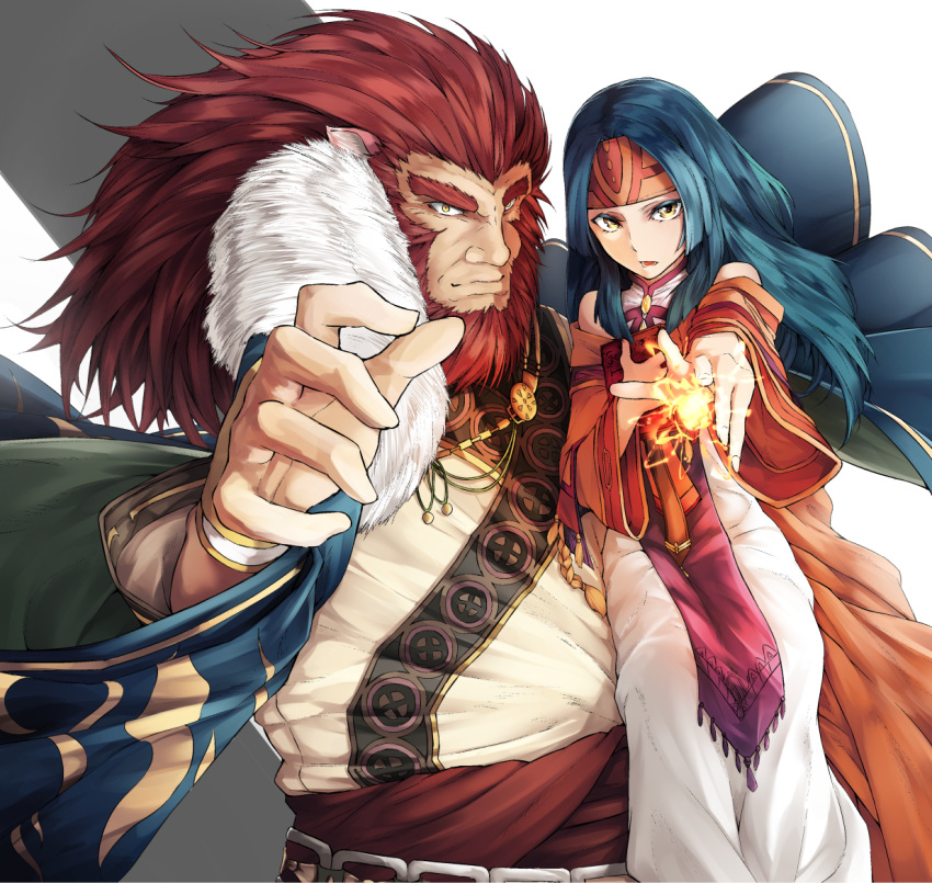 1boy, 1girl, animal_ears, bare_shoulders, beard, blue_hair, caineghis, cape