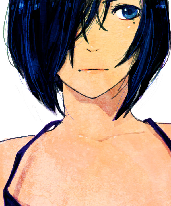 blue_hair, bob_cut, bust, collarbone, commentary_request, hair_over_one_eye, kajiwara_shikaji, mole