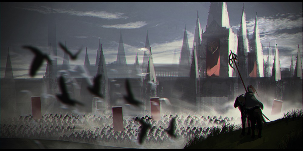 army, bird, cape, castle, clouds, equestrian, fami_(yellow_skies), grass