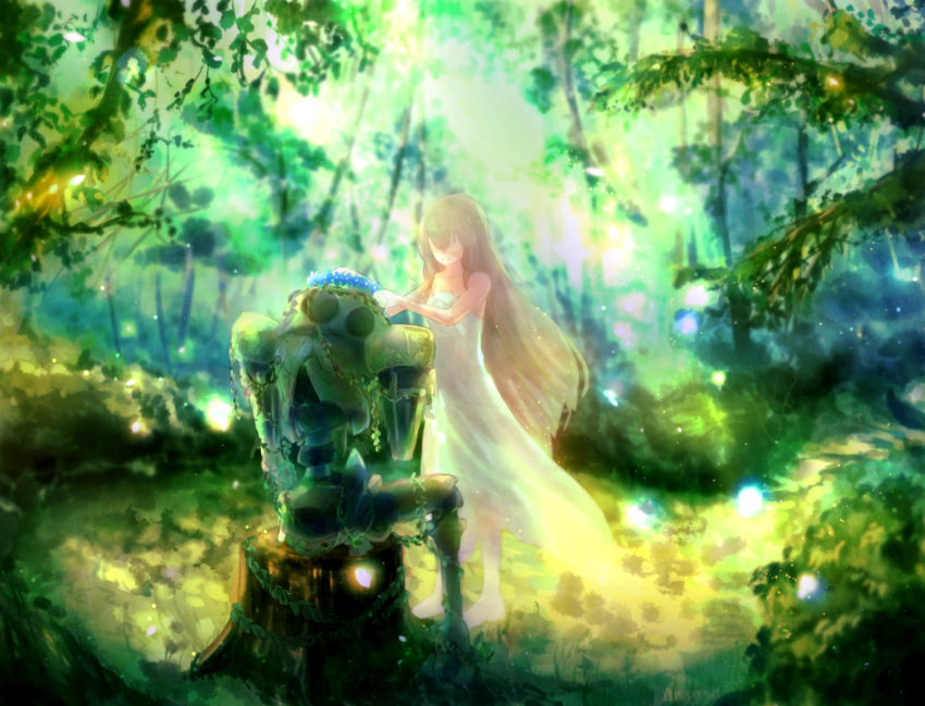 1girl, ar_nosurge, broken, brown_hair, dress, earthes, forest, head_wreath, highres, ionasal_kkll_preciel, long_hair, mogupon, nature, robot, smile, surge_concerto, transparent, very_long_hair, white_dress