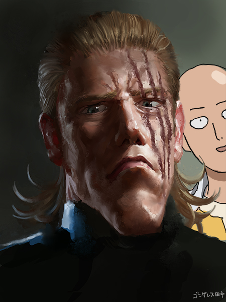 2boys, bald, black_sweater, blonde_hair, blue_eyes, close-up, face, goruditai