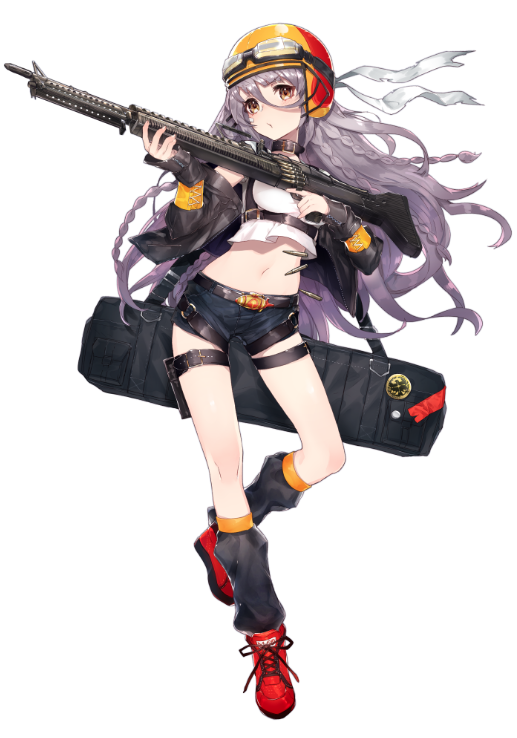1girl, bag, bandage_on_face, bandages, belt, belt_feed, bipod, braid, brown_eyes, bullet, full_body, girls_frontline, goggles, goggles_on_head, gun, helmet, holding_weapon, holster, jacket, lavender_hair, leg_warmers, long_hair, looking_at_viewer, m60, m60_(girls_frontline), machine_gun, midriff, mika_pika_zo, navel, shoes, short_shorts, shorts, sneakers, thigh_holster, thigh_strap, trigger_discipline, very_long_hair, weapon