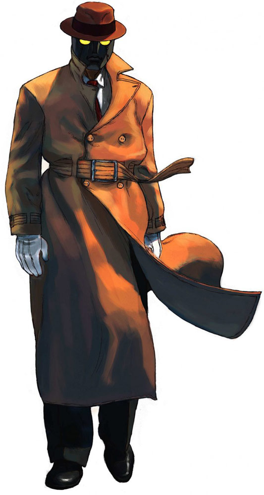 3rd_strike, coat, fedora, gloves, glowing, glowing_eyes, hat, ikeno_daigo, mask, necktie, official_art, q, simple_background, solo, street_fighter, street_fighter_3, street_fighter_iii, street_fighter_iii:_3rd_strike, trench_coat, trenchcoat, yellow_eyes