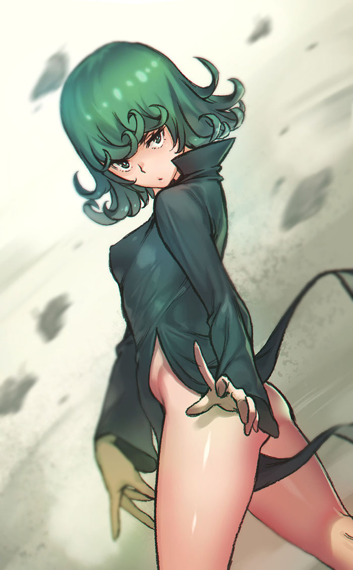 1girl, black_dress, covered_nipples, curly_hair, dress, from_side, gkfkqkch1, green_eyes