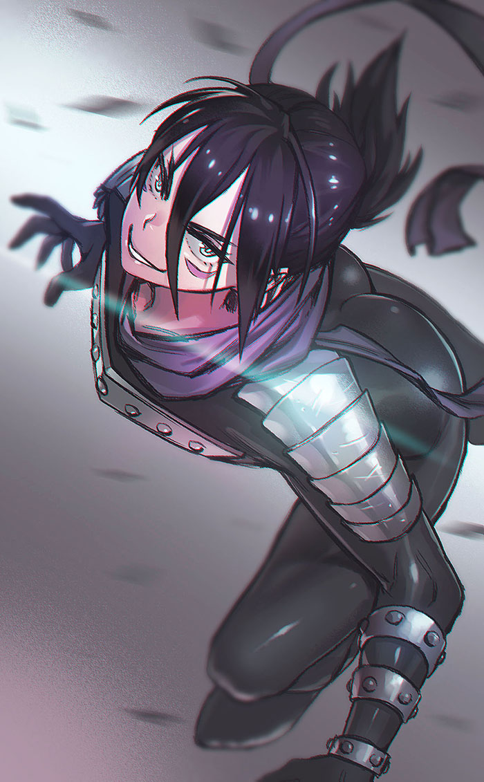 1boy, armor, ass, black_hair, bodysuit, facial_mark, folded_ponytail, gkfkqkch1, hair_between_eyes, looking_at_viewer, male_focus, ninja, onepunch_man, onsoku_no_sonic, scarf, smile, solo