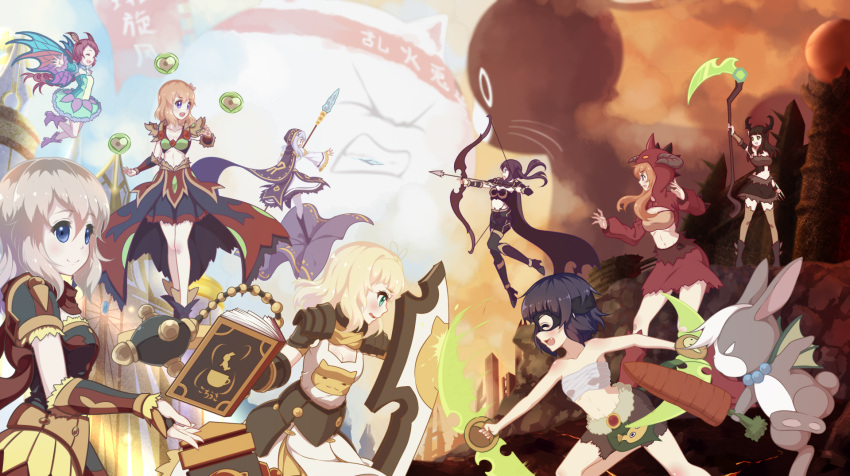 >_<, 6+girls, :d, :o, ^_^, adapted_costume, aiming, animal_hood