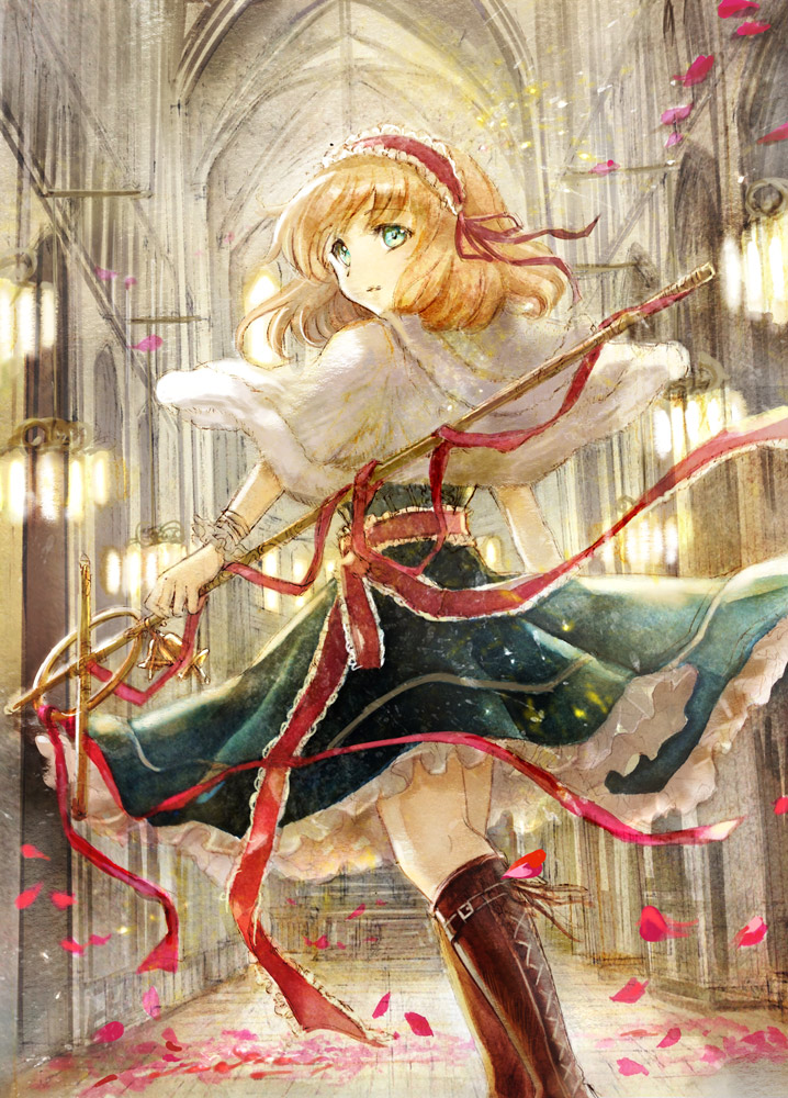 1girl, acrylic_paint_(medium), alice_margatroid, blonde_hair, boots, capelet, church, commentary