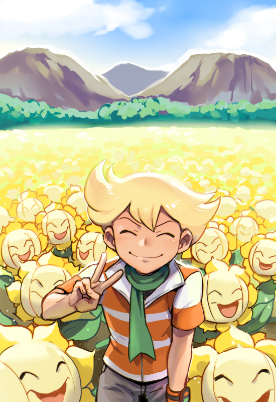 1boy, ^_^, backlighting, bbu_upman, bent_over, blonde_hair, blue_sky, closed_eyes