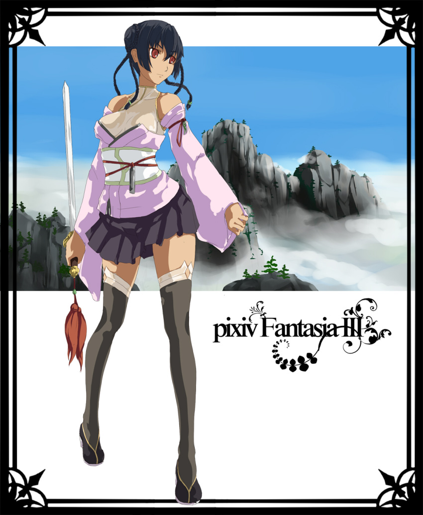 akatsuhara_empire, black_hair, braid, highres, japanese_clothes, legs, pixiv_fantasia, pixiv_fantasia_3