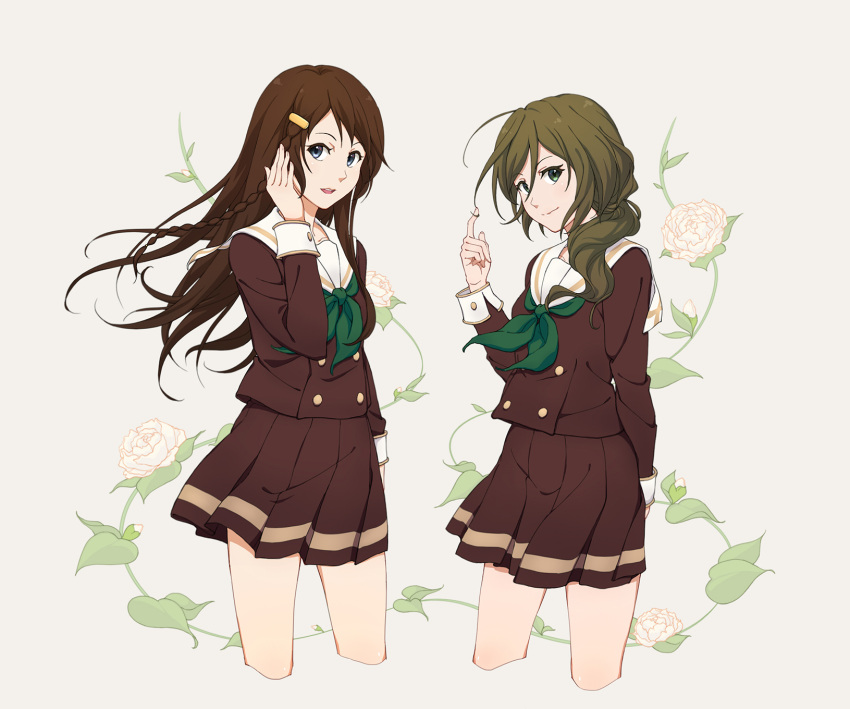 2girls, blue_eyes, blush, braid, brown_eyes, brown_hair, extra, green_eyes