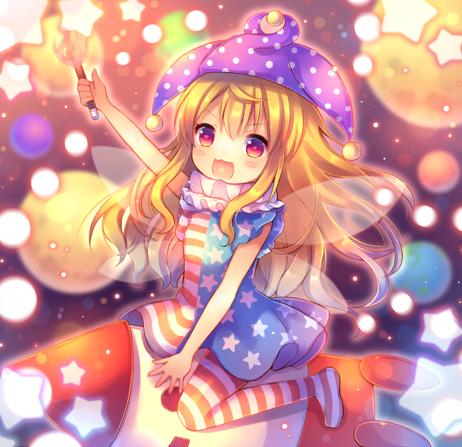 1girl, american_flag_legwear, american_flag_shirt, blonde_hair, blush_stickers, clownpiece, fairy_wings, hat, jester_cap, long_hair, mimi-chan, open_mouth, pantyhose, pink_eyes, pjrmhm_coa, riding, rocket, smile, solo, star, torch, touhou, very_long_hair, wings