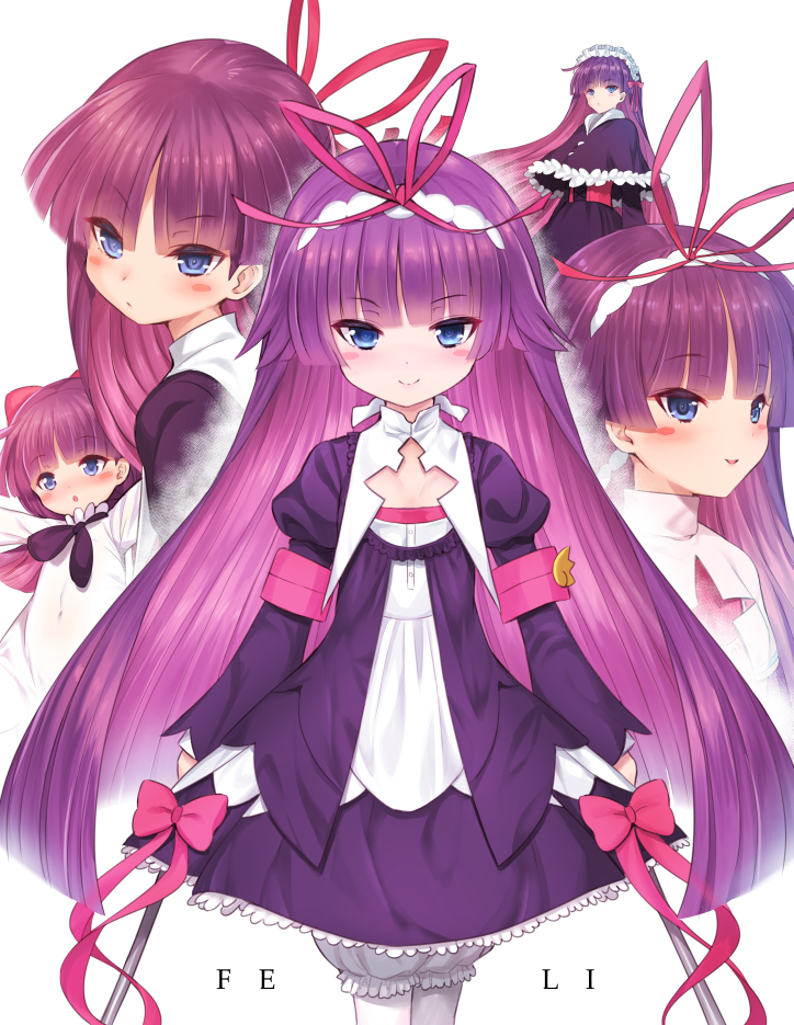 1girl, bloomers, blue_eyes, blush, collage, dress, feli_(puyopuyo), gothic_lolita, hairband, kinnotama_(erokosei), lolita_fashion, long_hair, pantyhose, purple_hair, puyopuyo, puyopuyo_fever, revision, smile, solo, underwear, wand, white_legwear