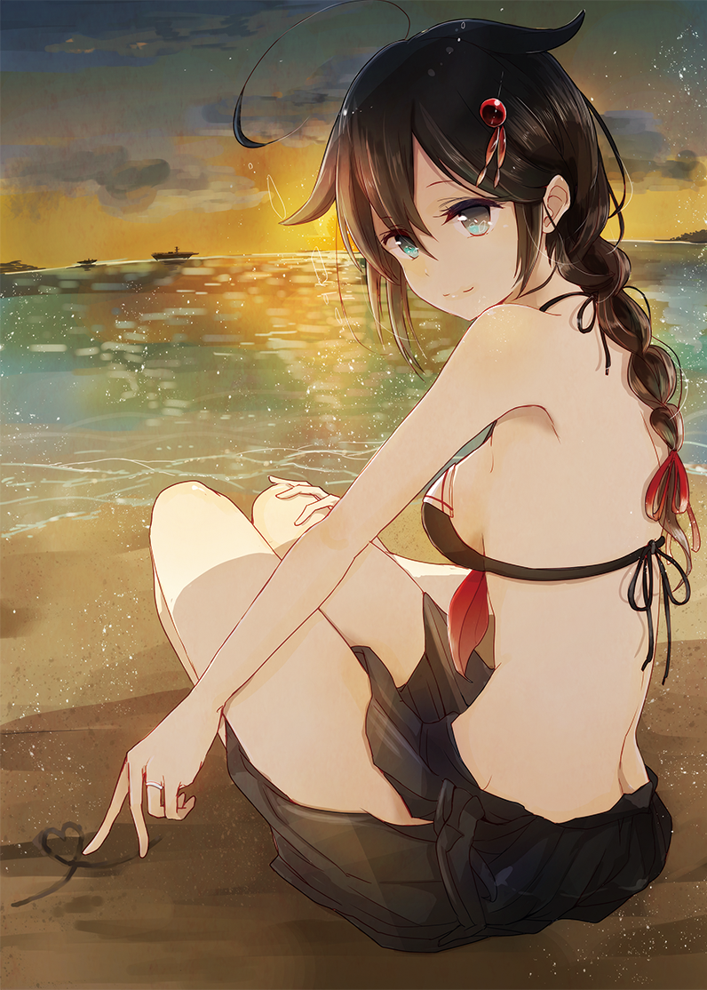 1girl, ahoge, bikini, blue_eyes, braid, hair_ornament, jewelry, kantai_collection, kazuhito_(1245ss), long_hair, ring, shigure_(kantai_collection), smile, sunset, swimsuit, wedding_band