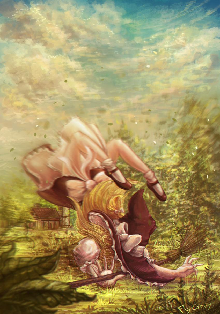 1girl, artist_name, black_dress, black_shoes, blonde_hair, bow, braid, broom