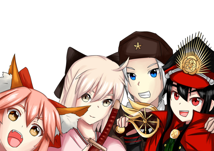 2boys, 2girls, :d, ahoge, animal_ears, arm_around_neck, black_hair, blue_eyes, bow, caster_(fate/extra), cat_ears, colored_eyelashes, demon_archer, fangs, farmuhan_(artist), fate/grand_order, fate_(series), grey_eyes, grin, hair_between_eyes, hair_bow, hand_on_another's_shoulder, hat, holding, holding_sword, holding_weapon, japanese_clothes, kimono, kotori_photobomb, light_smile, lineup, long_hair, looking_at_viewer, multiple_boys, multiple_girls, oda_nobunaga_(fate/grand_order), okita_souji, okita_souji_(hakuouki), open_mouth, original, over_shoulder, peaked_cap, pink_hair, potrait, red_eyes, saber, sakura_saber, short_hair, sidelocks, silver_hair, simple_background, smile, sword, tamamo_cat_(fate/grand_order), weapon, white_background, white_hair, yellow_eyes