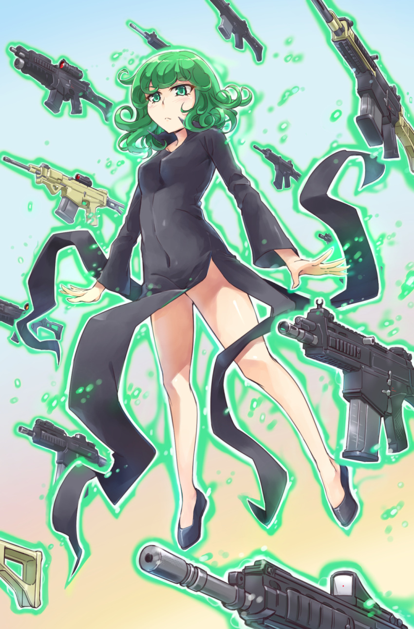 1girl, aqua_eyes, bangs, black_dress, blush, closed_mouth, covered_navel, dress