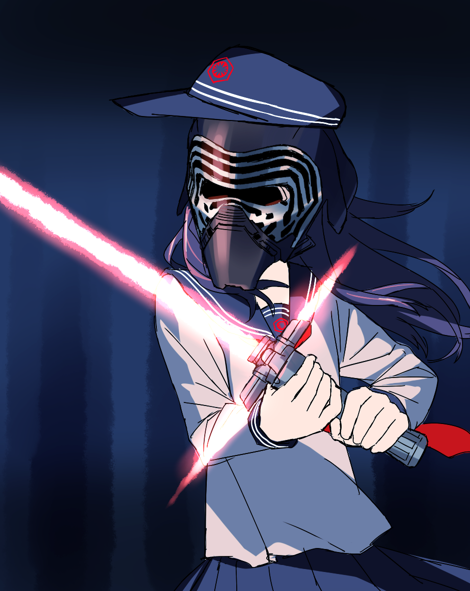 1girl, akatsuki_(kantai_collection), black_hair, blew_andwhite, darksider_(star_wars), energy_sword, hat, helmet