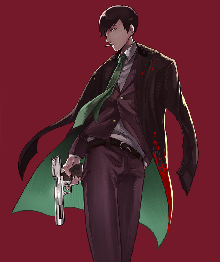 1boy, bangs, belt, black_hair, blood, bloody_clothes, cigarette, collared_shirt