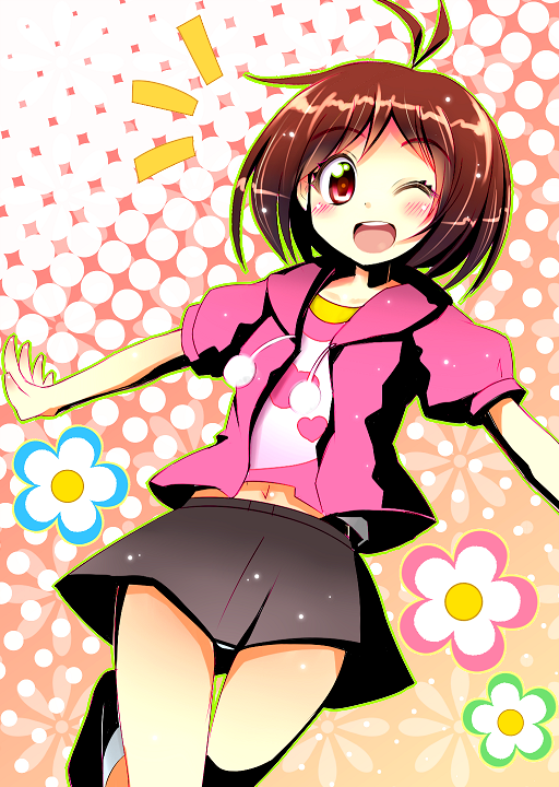 hidaka_ai, hoodie, idolmaster, navel, npon515, skirt, solo, wink