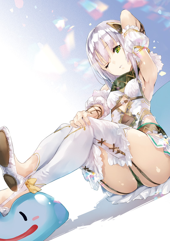 1girl, arm_up, armpits, atelier_(series), atelier_sophie, crossed_legs, garter_straps, green_eyes