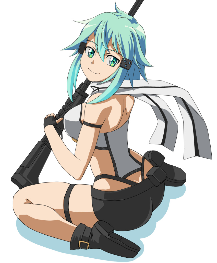 1girl, anti-materiel_rifle, ass, bare_legs, breasts, from_behind, green_eyes, green_hair, gun, highres, large_breasts, pgm_hecate_ii, ranobe-senka, rifle, shinon_(sao), sitting, skindentation, smile, sniper_rifle, solo, sword_art_online, thigh_strap, thighs, wariza, weapon