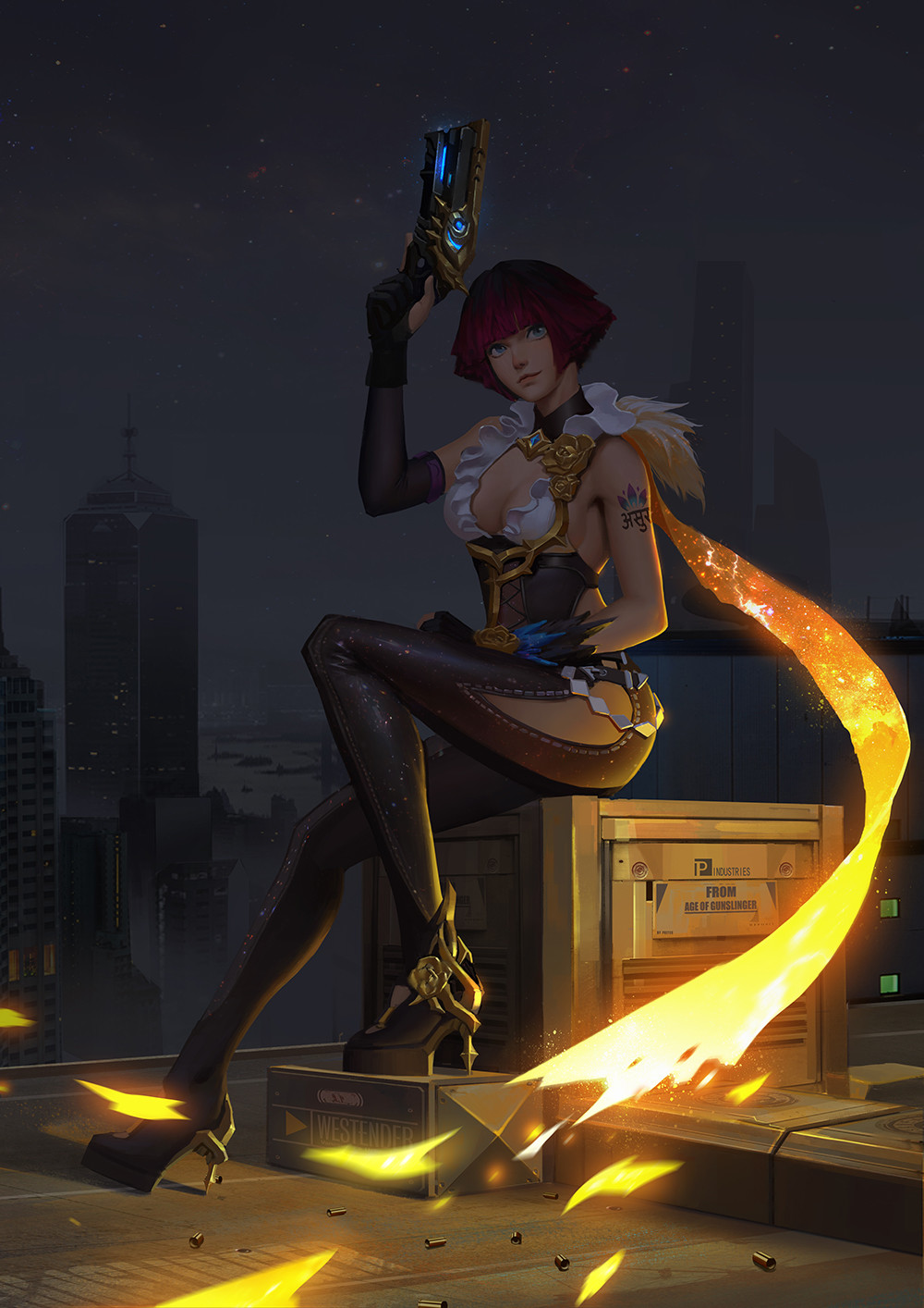 1girl, age_of_gunslingers, black_gloves, blue_eyes, boots, breasts, building, crate, full_body, gloves, gun, handgun, high_heels, highres, holding_gun, holding_weapon, looking_up, night, outdoors, partly_fingerless_gloves, pistol, purple_hair, puz_lee, realistic, shell_casing, sitting, skyscraper, solo, tattoo, thigh-highs, thigh_boots, trigger_discipline, weapon