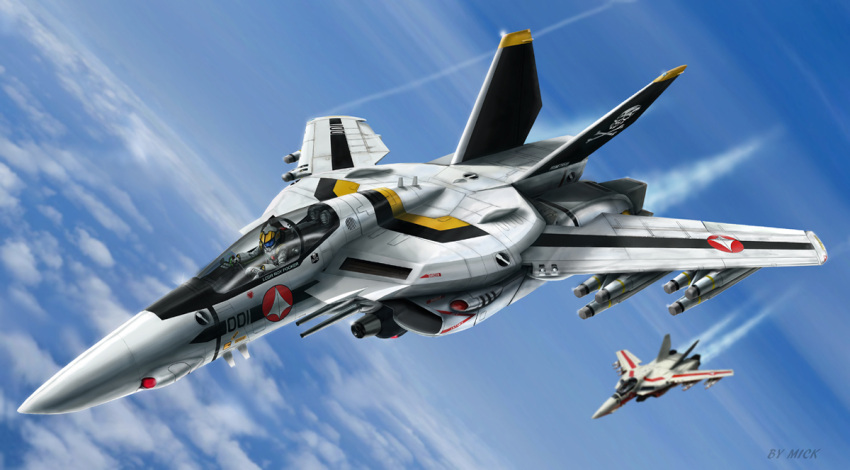 1boy, canopy, choujikuu_yousai_macross, clouds, cockpit, energy_cannon, flying, gloves