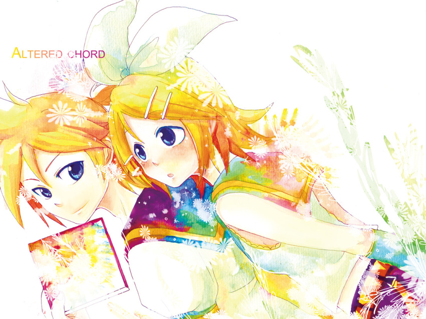 blonde_hair, blue_eyes, brother_and_sister, kagamine_len, kagamine_rin, sailor_collar, shinigami_a, siblings
