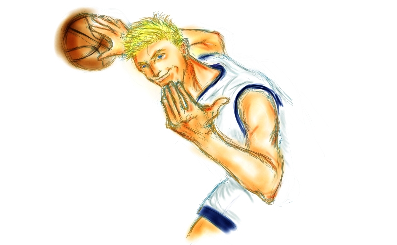 1boy, andrei_kirilenko, asamibreeze, ball, basketball, basketball_uniform, blonde_hair, blue_eyes, cowboy_shot, from_side, holding, leaning_forward, light_smile, looking_at_viewer, national_basketball_association, real_life, short_hair, shorts, simple_background, sketch, smile, solo, sportswear, tank_top, utah_jazz, white_background