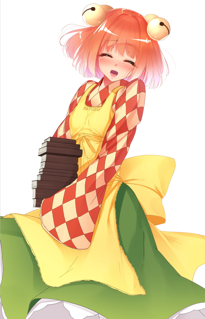 1girl, apron, bell, blush, book, book_stack, breasts, checkered, closed_eyes, hair_bell, hair_ornament, highres, motoori_kosuzu, open_mouth, redhead, rukitsura, short_hair, simple_background, smile, solo, touhou, white_background, wide_sleeves