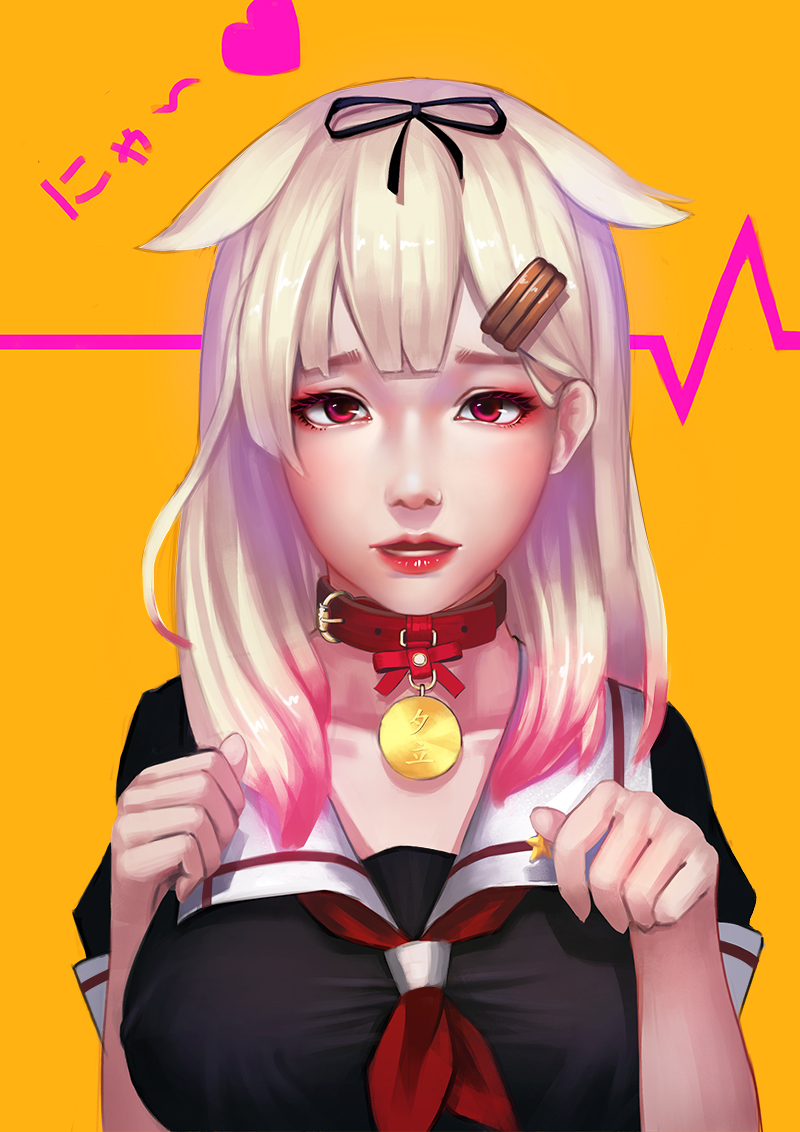 1girl, albino, belt, black_ribbon, bow, breasts, coin_(ornament), collar