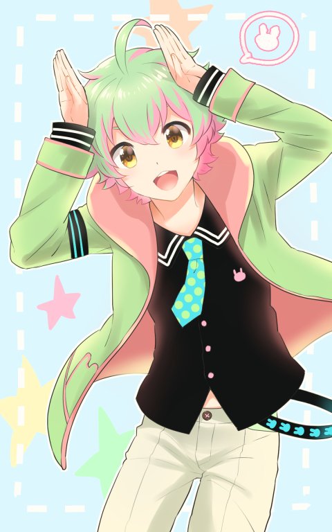 1boy, :3, ahoge, blush, green_hair, himeno_kanon_(cosplay), idolmaster, idolmaster_side-m
