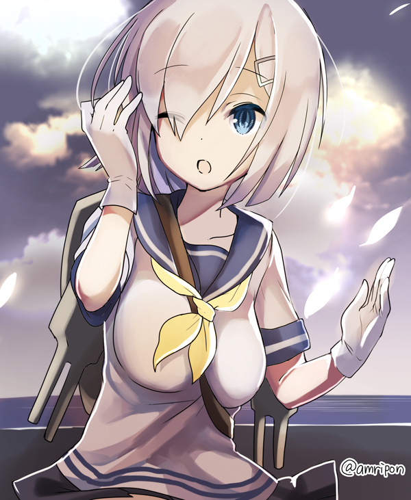 1girl, amripo, blue_eyes, breasts, commentary_request, gloves, hair_ornament, hair_over_one_eye
