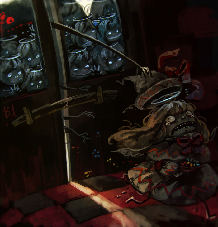 against_glass, barricade, cirno, commentary, door, fairy, flower, grabbing