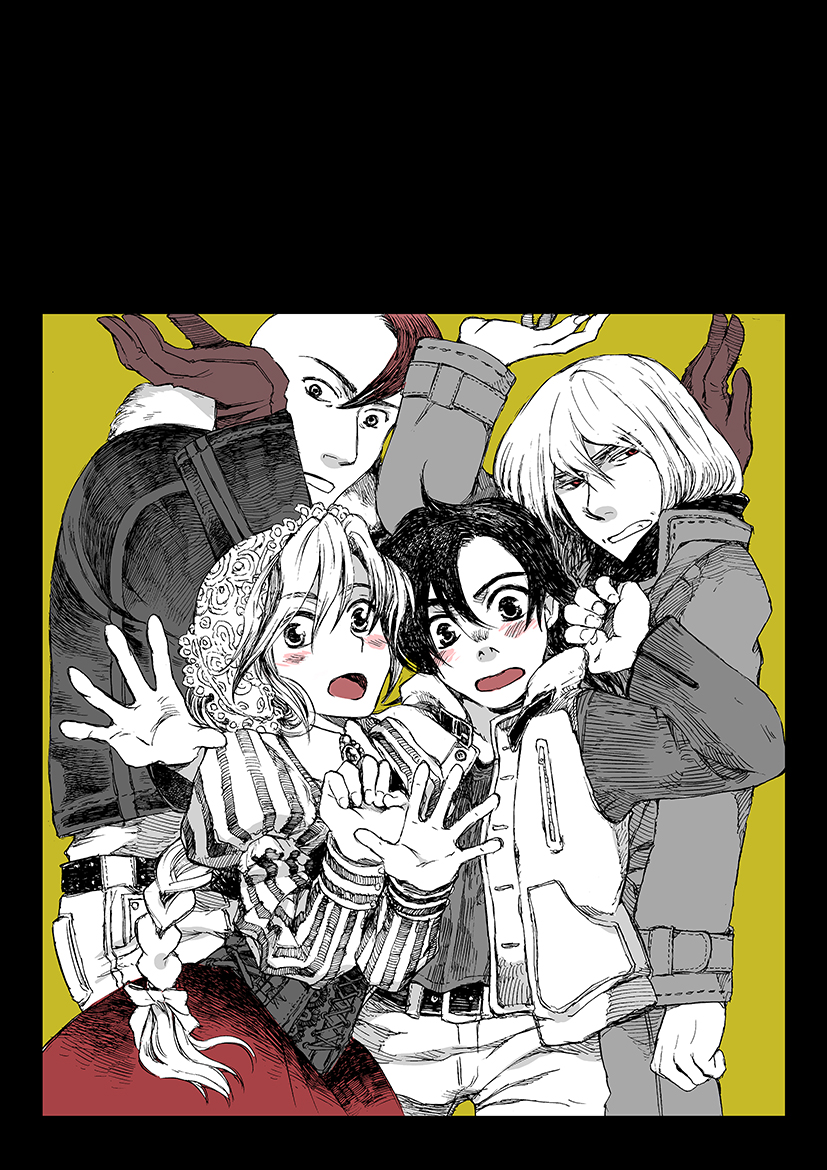 1girl, 3boys, blush, bob_cut, braid, cordelia_(saga), kanda, mohawk