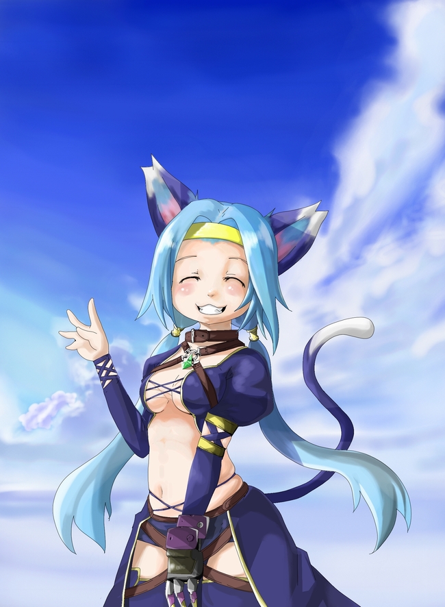 :d, ^_^, animal_ears, belt, black_gloves, blue_legwear, blue_sky, blush
