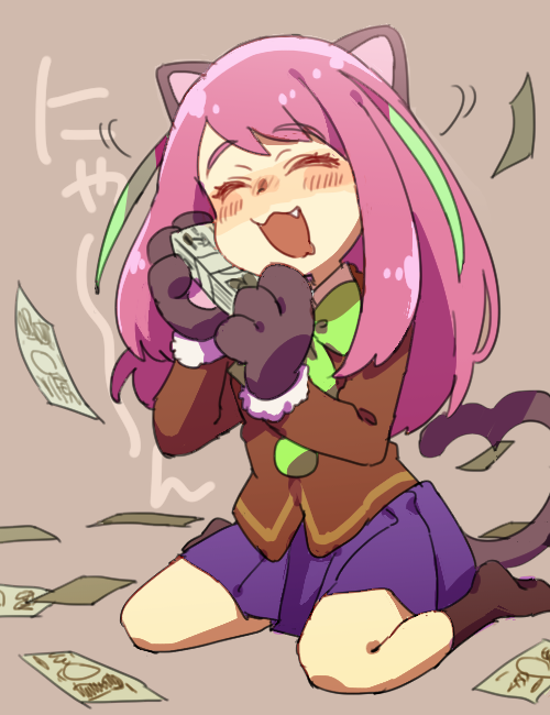 1girl, :3, animal_ears, blazer, bow, brown_background, cat_ears, cat_paws