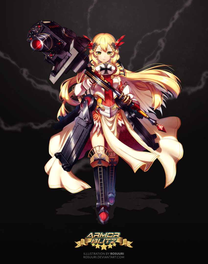 +_+, 1girl, armor, armor_blitz, armored_boots, artist_name, blonde_hair, bread
