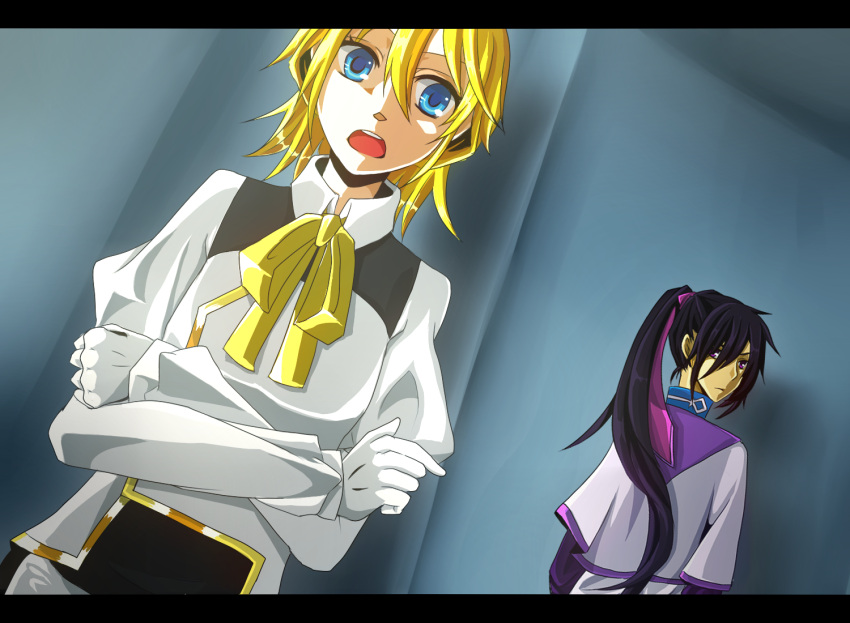 alternate_hair_color, black_hair, blonde_hair, blue_eyes, chaban_capriccio_(vocaloid), commentary_request, crossed_arms, gloves