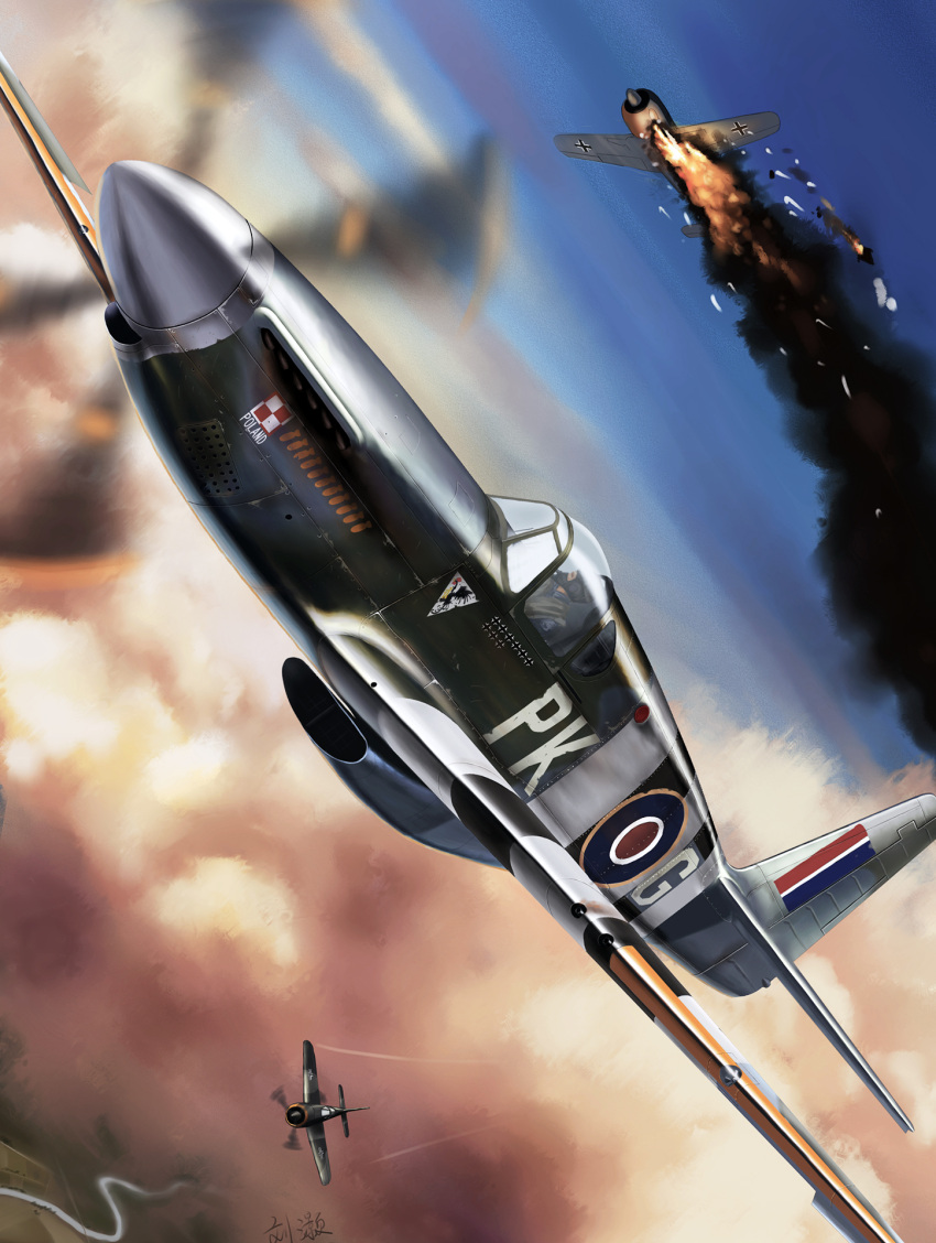 aerial_battle, artist_name, battle, burning, clouds, cockpit, condensation_trail, dogfight