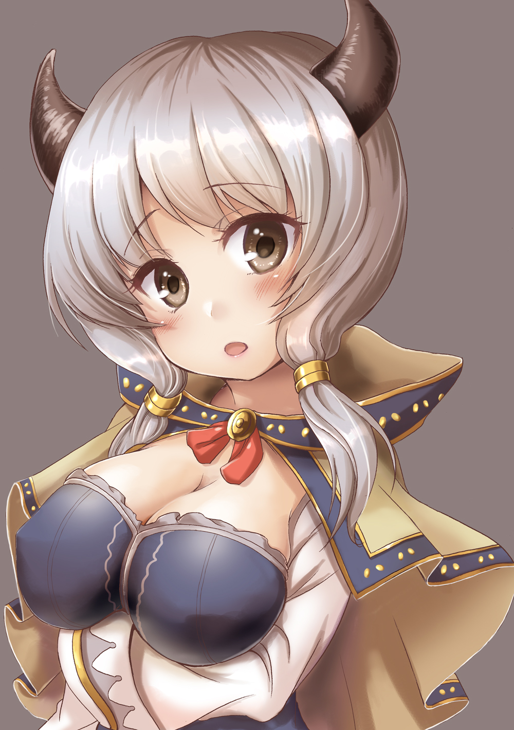 1girl, breast_hold, breasts, brown_eyes, capelet, cleavage, fuyuzora, granblue_fantasy