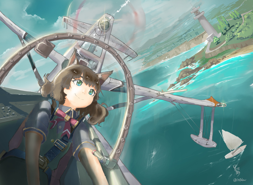 1girl, airplane, boat, clouds, cockpit, flying, green_eyes, highres