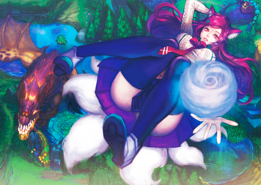 1girl, ahri, alternate_costume, alternate_eye_color, alternate_hair_color, alternate_hairstyle, animal_ears, bibiko, blue_skirt, breasts, dragon, energy_ball, falling, fox_ears, fox_tail, from_above, gromp, large_breasts, league_of_legends, lips, long_hair, looking_at_viewer, miniskirt, multiple_tails, parted_lips, pleated_skirt, red_eyes, redhead, shirt, skirt, slit_pupils, smile, solo, tail, thigh-highs, thighs, white_shirt